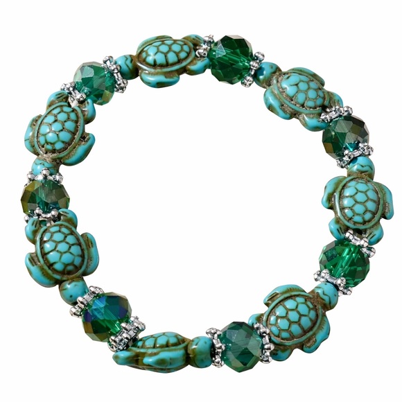 Jewelry - Turquoise Turtle Beaded Bracelet Tortoise Design Crafted Jewelry Stackable NEW
